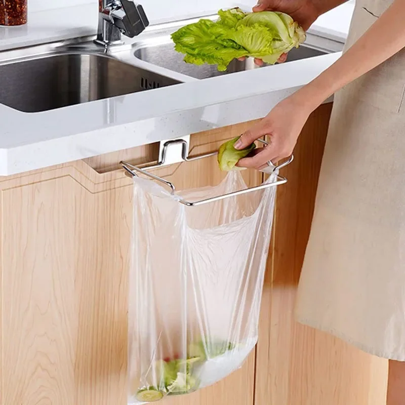 Estante de basura para cocina, puerta de armario, soporte para bolsas de basura, soporte de almacenamiento de basura de armario de acero inoxidable