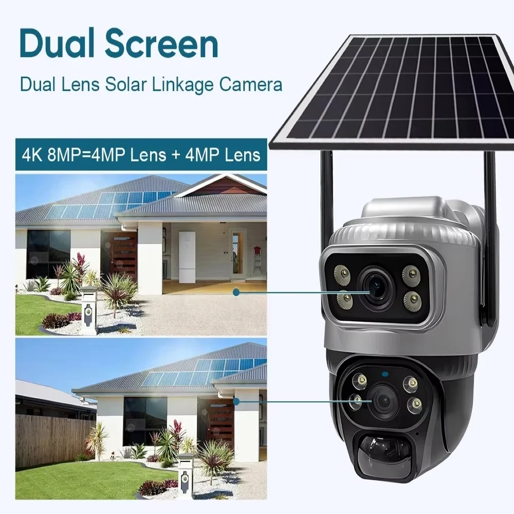 Cámara V380 de doble lente 4G, PIR Solar, detección humana, visión nocturna, vídeo de seguridad impermeable, cámara IP, Monitor CCTV con batería de 8MP 4K