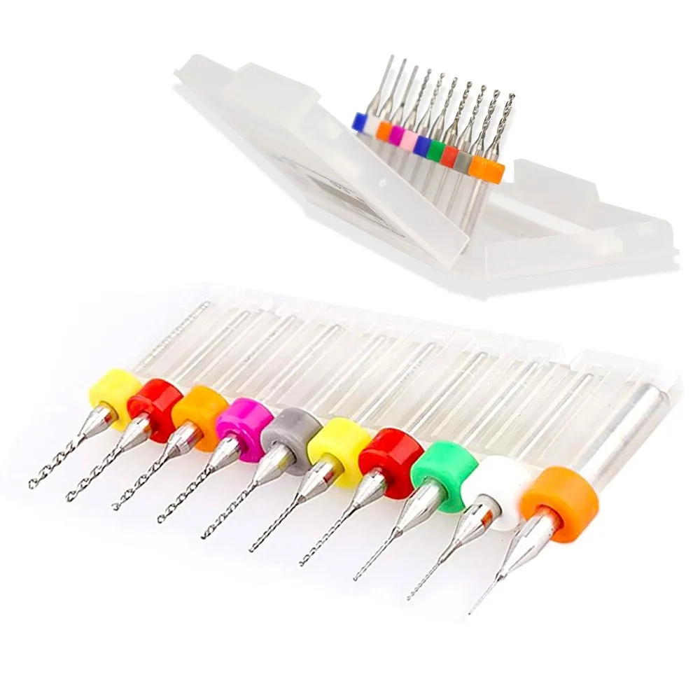 Mini CNC PCB Drill Bit Set 10pcs 0.1-1.2mm Carbide Gun Drill Bit 1/8'' Shank for PCB Printed Circuit Board Hole Drilling Cutter