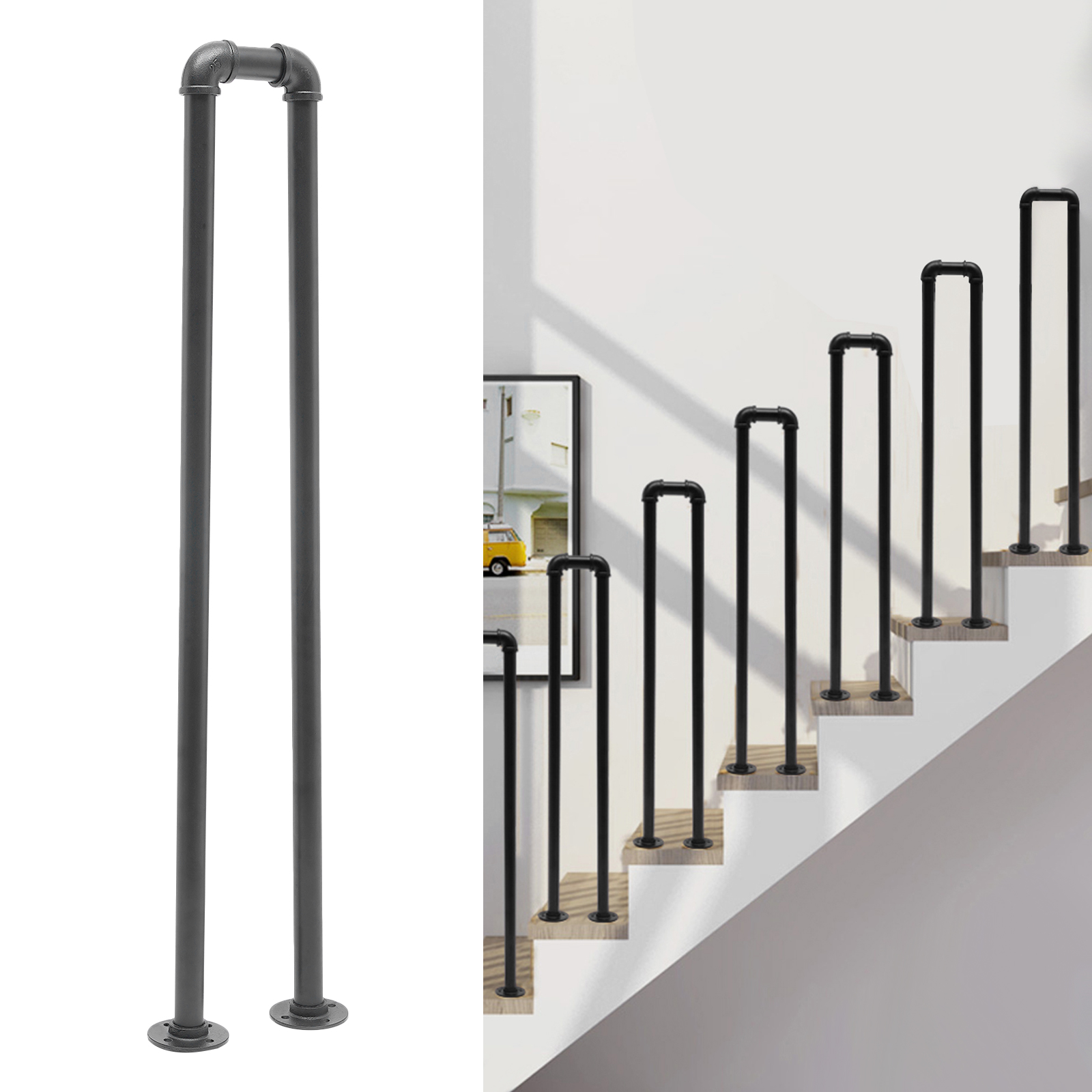 U-Shaped Stair Handrail Black 100cm/3.3ft Industrial Wrought Iron Railing Non-Slip Safety for Garden Loft Corridor Villa Hotel