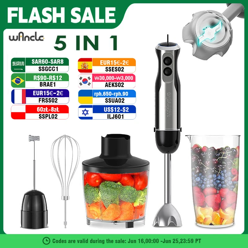 Wancle Electric Immersion Hand Blender Mixer 1000W 5 in 1 Powerful Kitchen Blender for Egg Whisk Meat Grinder Food Processor