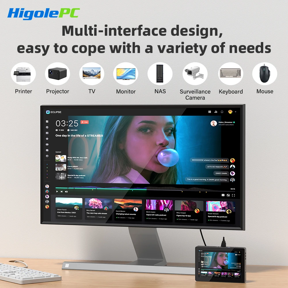 Higole F3APL 8'' Fanless Mini PC with Screen Intel N4200 Windows 10 WiFi5 4GB 64GB 2340mAh 4K Laptop Desktop PC Mini Computers