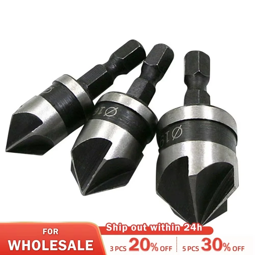 3 PCS Hexagonal Handle Five Blade Chamfering Tool 90 Degree Countersink Drill Bit WoodWorking Drill Professional Drill Bit Set