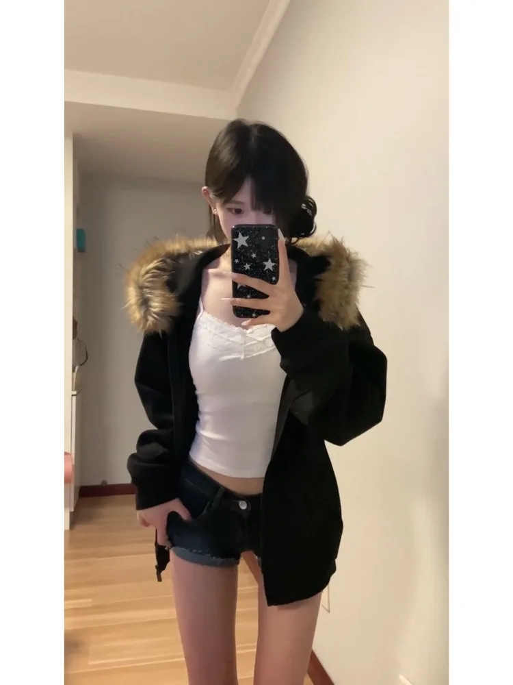 Deeptown feminino preto zip up hoodies vintage coreano estilo preppy casaco de pele do falso oversized moletom casual harajuku outono inverno