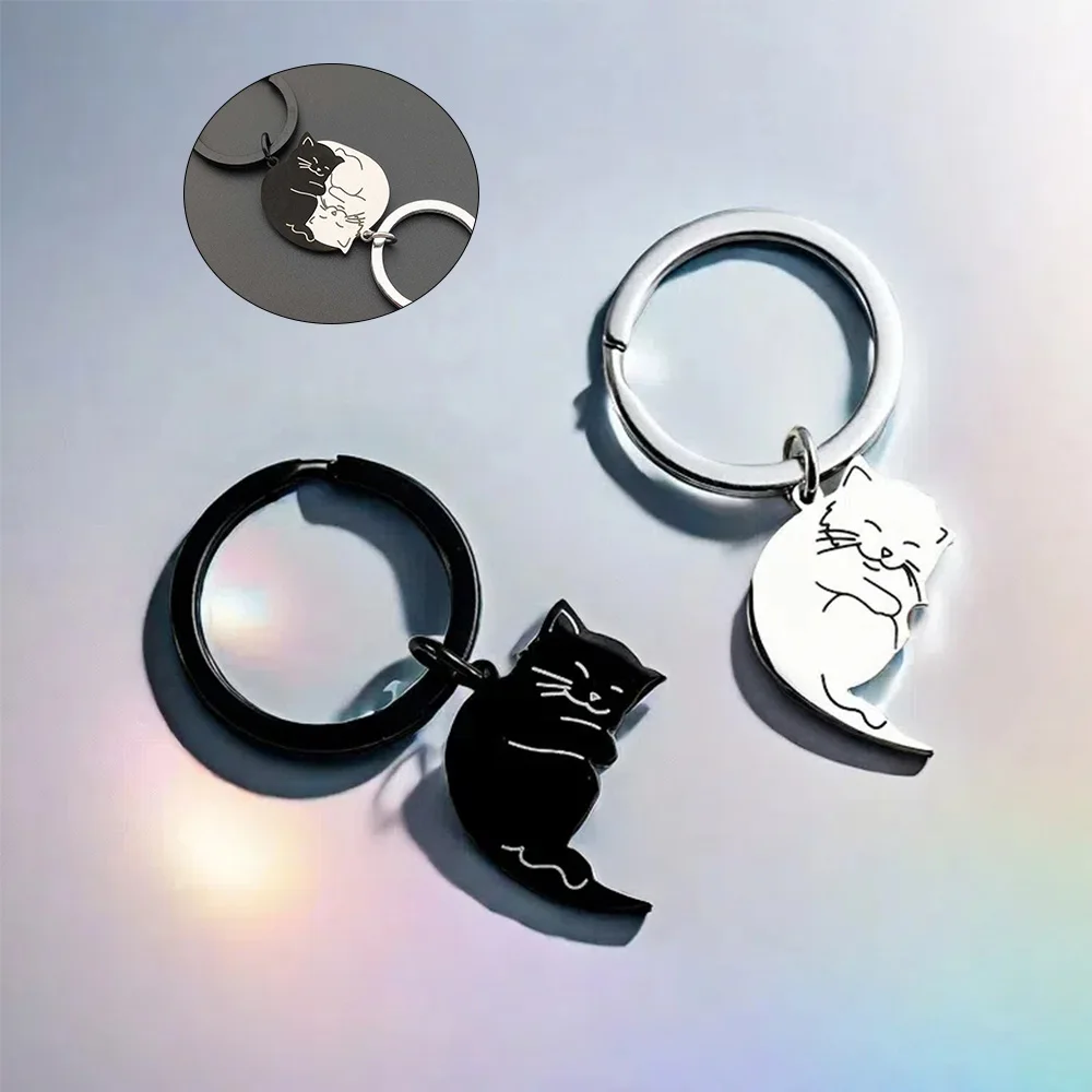 Conjunto de chaveiro de gato combinando para casais, amantes de gatos de aço inoxidável, presente para namorado, chaveiro fofo, pingente de casal correspondente