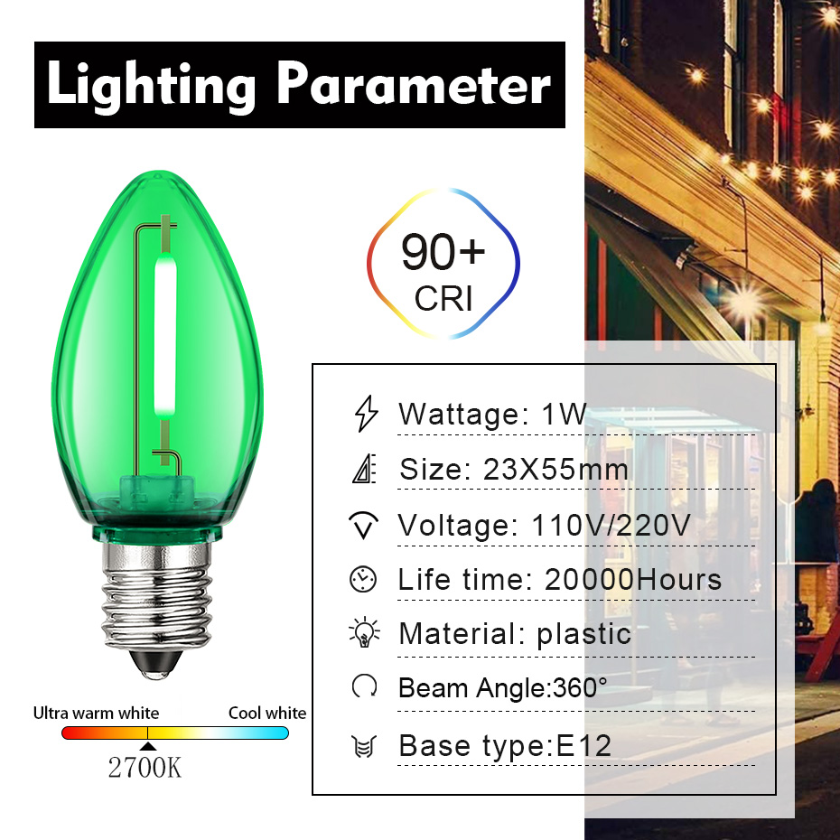 Colorful Outdoor String Lights C7 Shatterproof Replacement Bulbs 1W E12 Base RGB Waterproof Garland for Party Garden Decorations