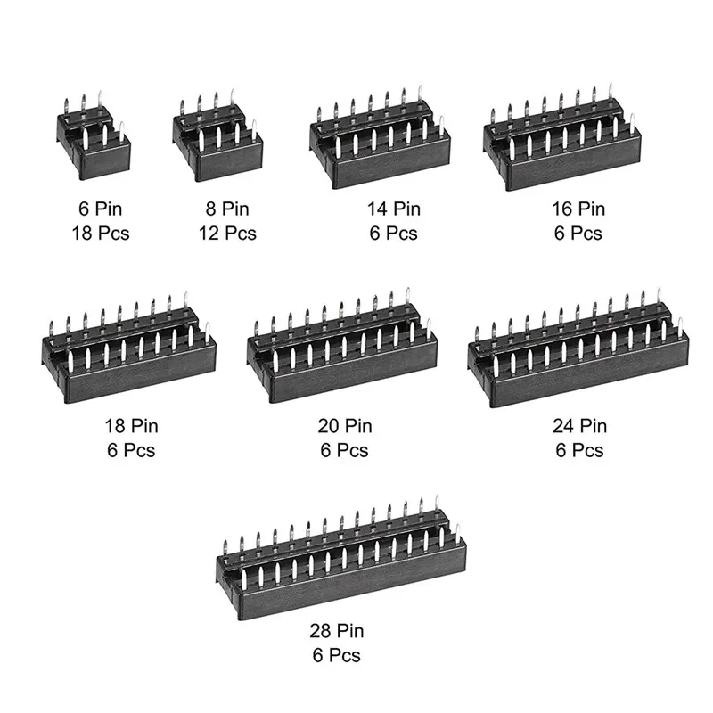 66PCS/lot with Box DIP IC Sockets Adaptor Solder Type Socket Kit 6 8 14 16 18 20 24 28 Pin DIP-6 DIP-8 DIP-14 IC Connector