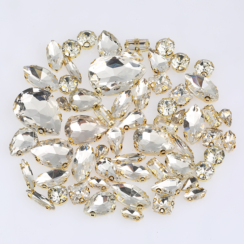 PEESOM 60 unids/bolsa forma mixta cristal Diamante de imitación astilla/garra dorada parte posterior plana transparente coser en zapatos de vestir de piedra accesorios DIY