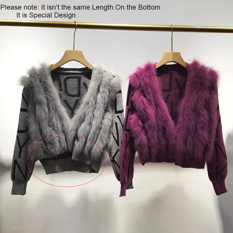 Frauen Kurze Strickjacke Mit Echten Fuchs Pelz Herbst Langarm Weiblichen Echten Pelz Gestreiften Strickjacken Pullover