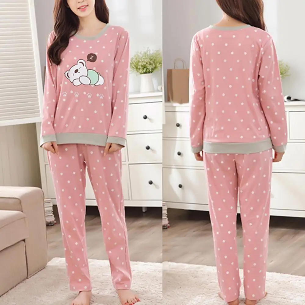 Traje de pijama rosa para mujer, Top con cuello redondo de animales de dibujos animados, pantalones largos, conjunto de pijama, ropa de dormir de otoño e invierno, conjunto de pijama para el hogar