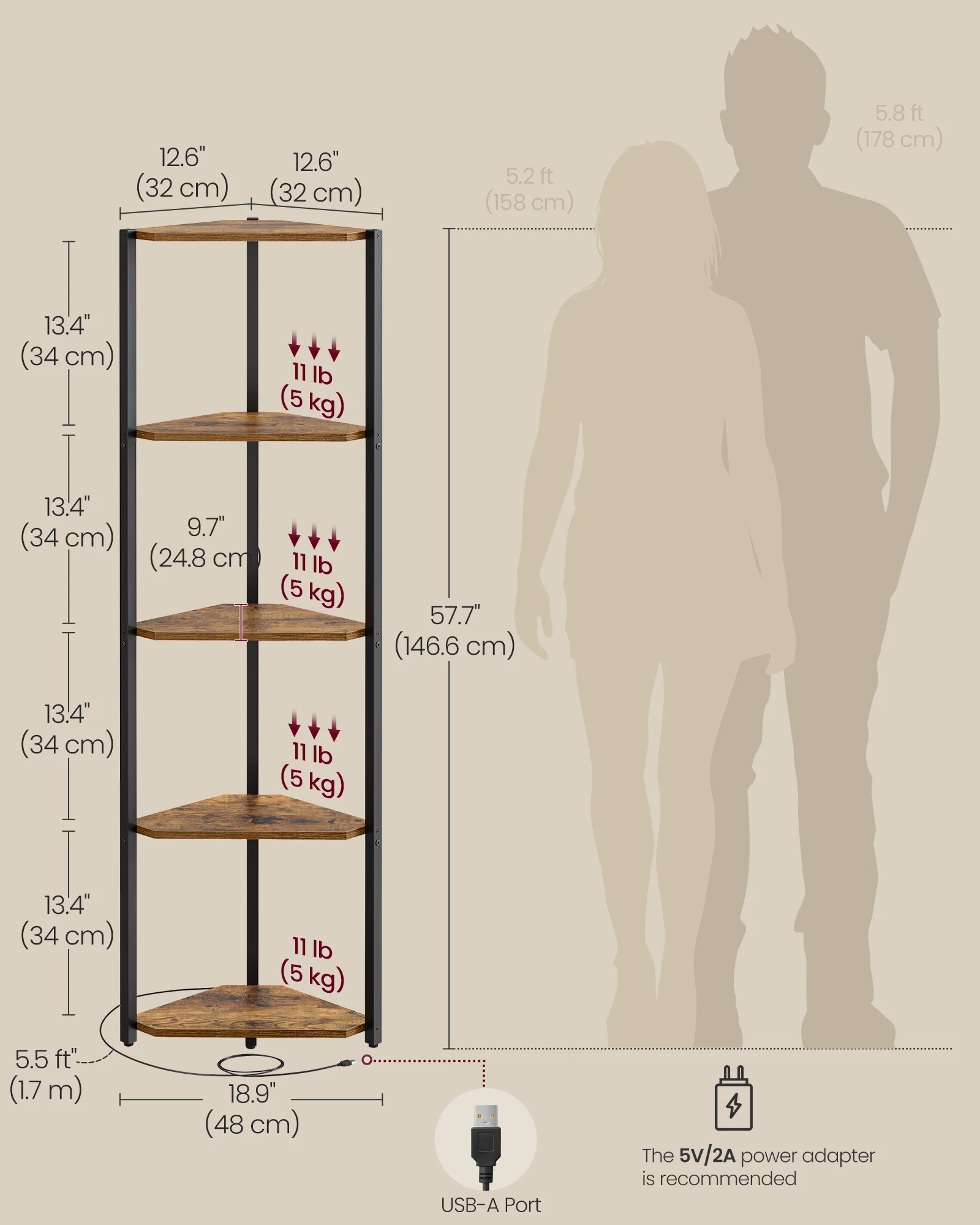 VASAGLE 5-Tier Corner Shelf, Bookcase with Adjustable LED Lights, Storage Shelf with Steel Frame