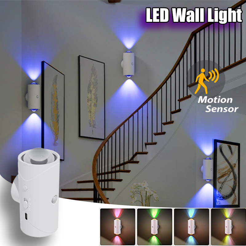 Lámpara de pared con sensor de movimiento, luces LED de pared RGB, luz cálida, decoración del hogar, luz nocturna arriba y abajo, recargable para escalera y porche