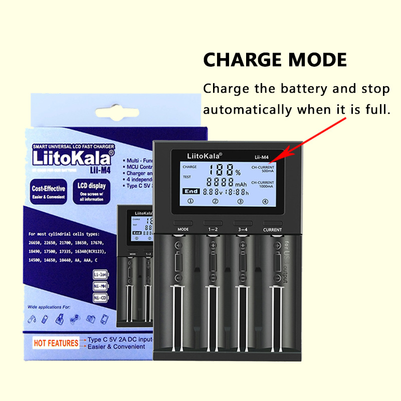LiitoKala Lii-M4 18650 caricabatterie Display LCD caricabatterie intelligente universale capacità di prova 26650 18650 21700 batteria AA AAA 4slot 5V 2A