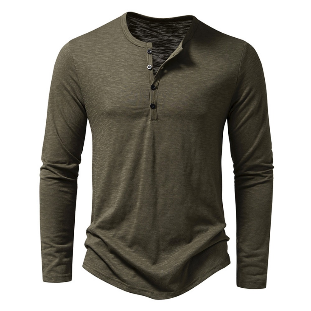 Herren-Hemd aus Baumwolle mit Henley-Ausschnitt, langärmelig, lässig, mit Knöpfen, einfarbig, modische T-Shirts