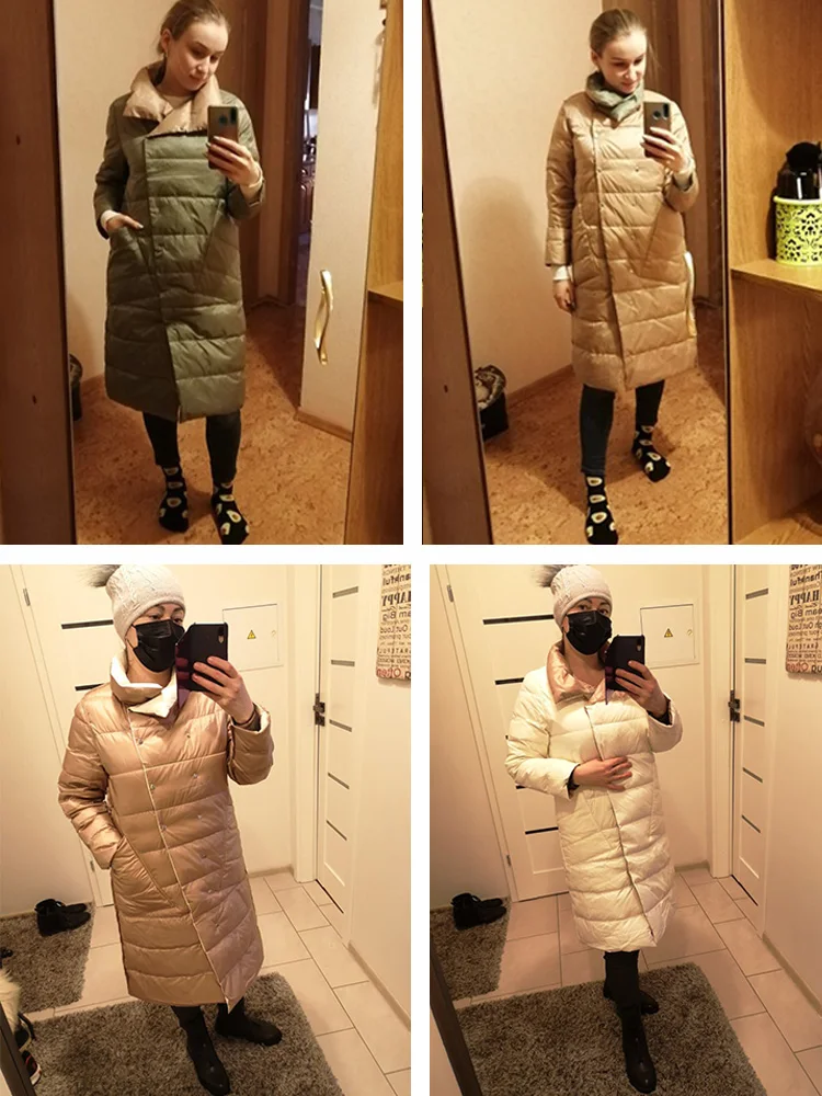 Winter New Women Stand Collar White Duck Down Long Jacket Double Breasted Warm Snow Parkas Double Sided Down Coatovet Coats