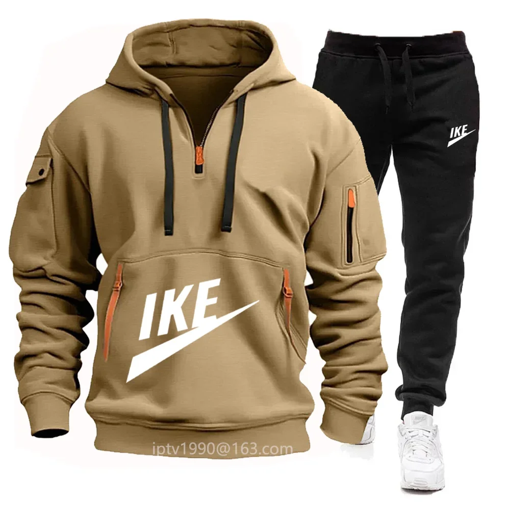 Sudadera con capucha para hombre y pantalones de chándal informales, chándal de dos piezas con cremallera y traje para correr con múltiples bolsillos