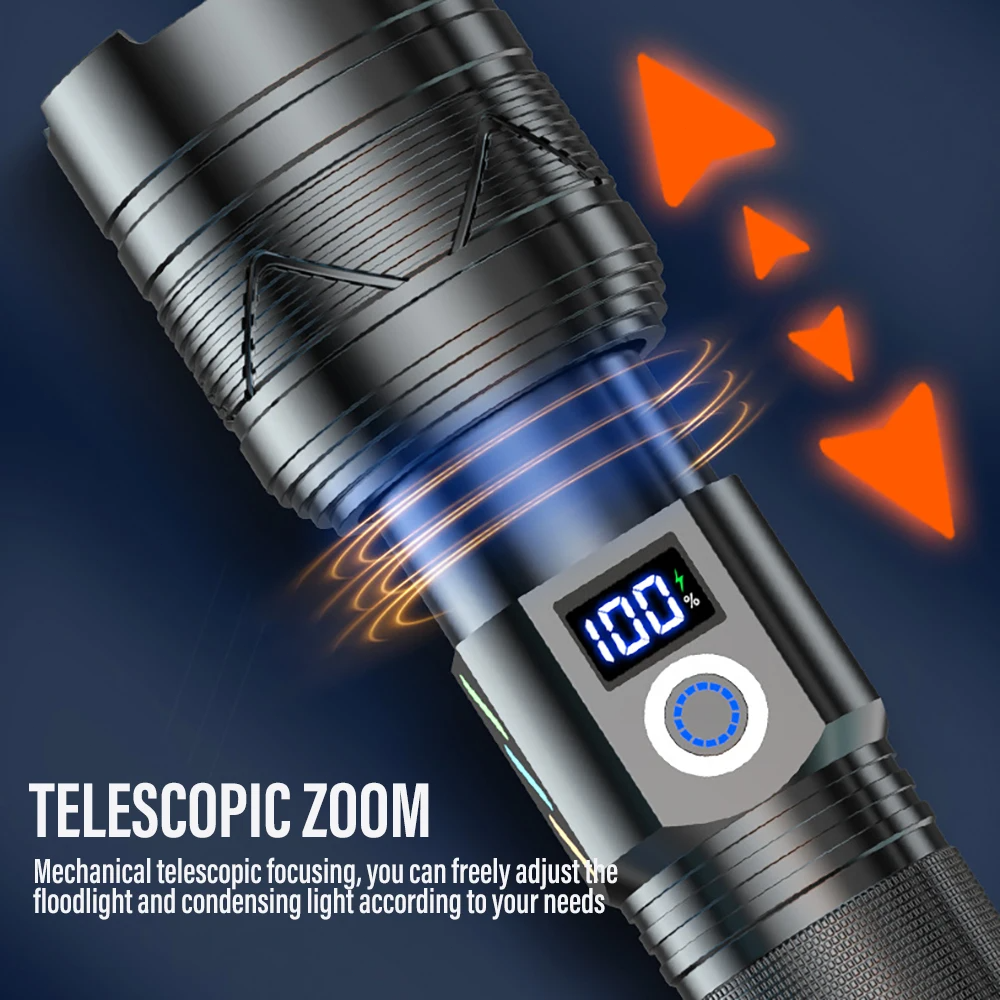 Linterna de luz fuerte, linterna LEP de larga distancia, carga USB, Zoom telescópico de emergencia para exteriores, antorcha superbrillante