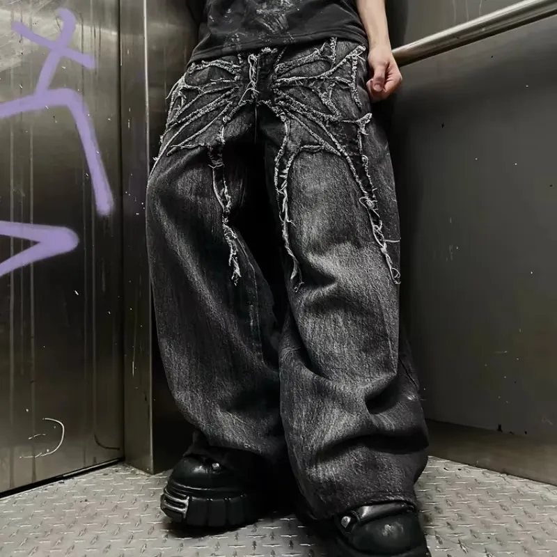 Pantalones góticos Retro holgados Unisex para fregar, vaqueros fantasma Y2K, parche bordado de araña de calle alta, ropa informal estilo Hip Hop, Vaqueros rectos