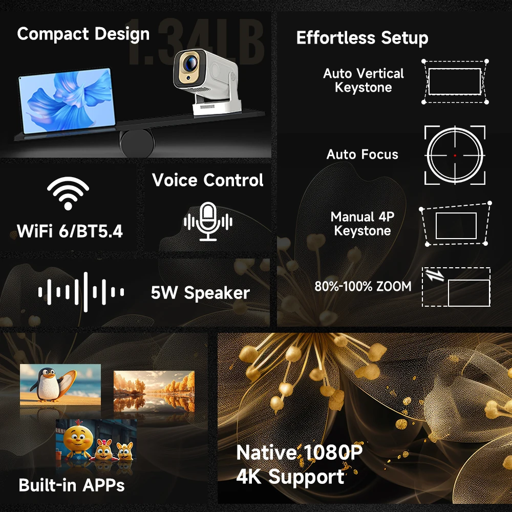 Magcubic HY310 Android 11-projector 4K Native 1080P Autofocus Native 330ANSI Dual Wifi BT5.4 Air Mouse Voice Home Outdoor Movie