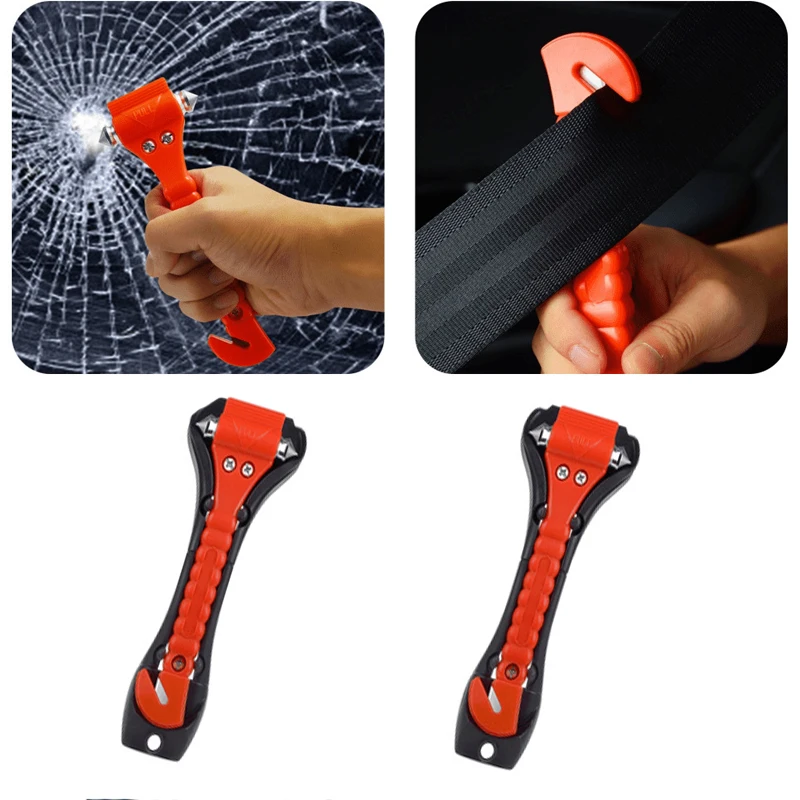 Martillo de seguridad 2 en 1 para acampar, conducir, cuchilo para cinturón de seguridad de coche, rompecabezas de emergencia para ventana, punzón de vidrio, herramientas de rescate de vida de supervivencia, 1/2 Uds.