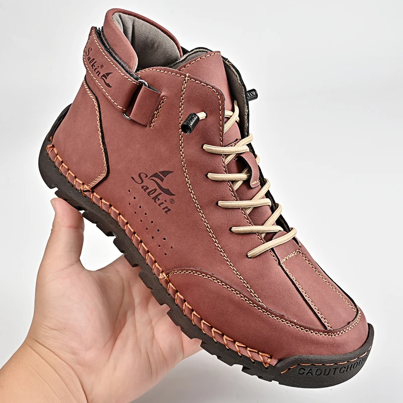 Botas de cuero hechas a mano para hombre, zapatillas de deporte de diseño, zapatos de cuero informales transpirables, botines para hombre, barcos al aire libre, otoño 2024