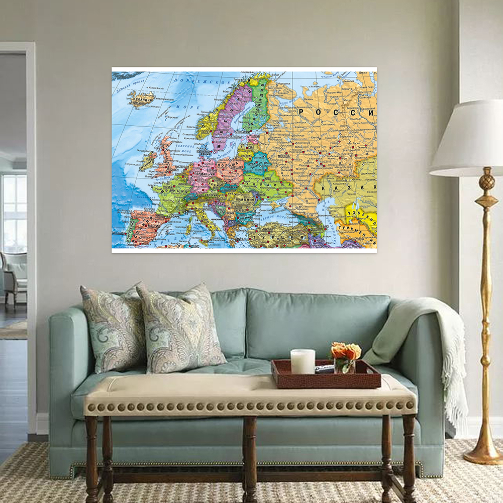 ヨーロッパ地図不織布折りたたみ壁ポスタープリントホームルーム装飾学校旅行用品ロシア語 100x70cm