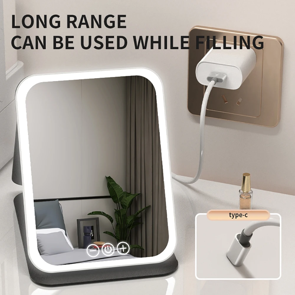 Espejo de maquillaje LED regulable de 3 colores con pantalla táctil, espejo de maquillaje cosmético plegable, mesa recargable para viajes y uso doméstico