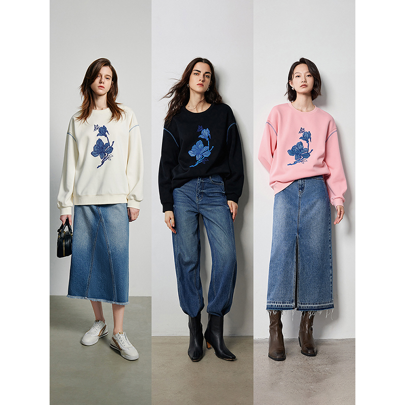 TOYOUTH เสื้อกันหนาวสตรี 2024 ฤดูใบไม้ผลิใหม่ Applique ดอกไม้เย็บปักถักร้อยแขนยาวรอบคอ Streetwear เสื้อ