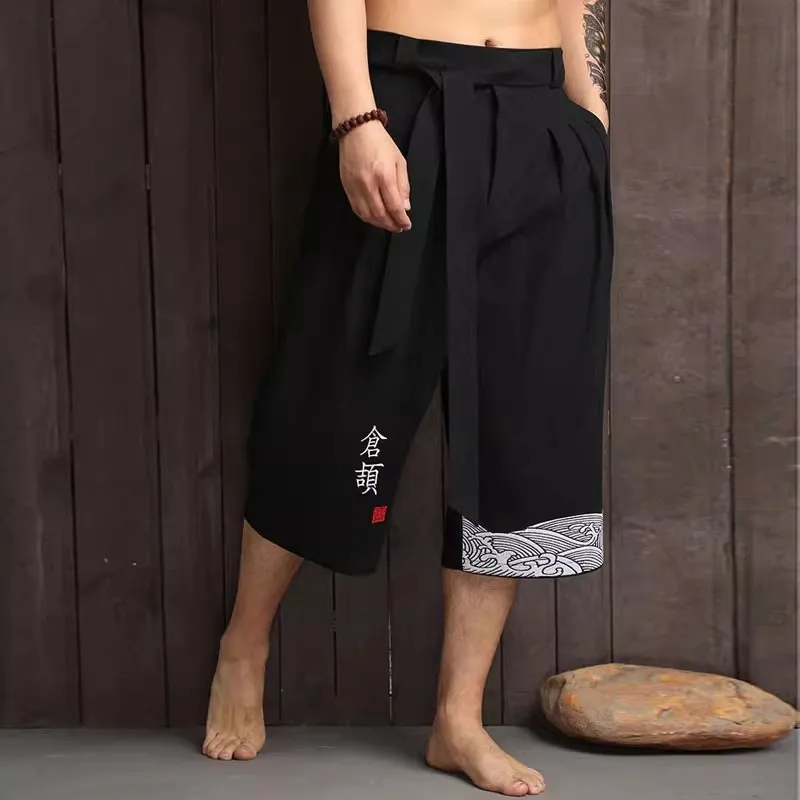 Calça kimono japonesa tradicional masculina, roupa asiática, calça de banho, casual, solta, estilo japonês, calças yukata, calças cortadas de linho