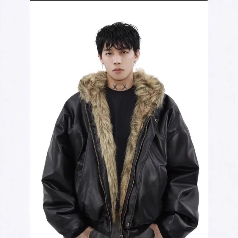 Winter High Street lederen shaggy bont patchwork korte warme dikke jas capuchon pluizige namaakbont jas dames luxe design jassen