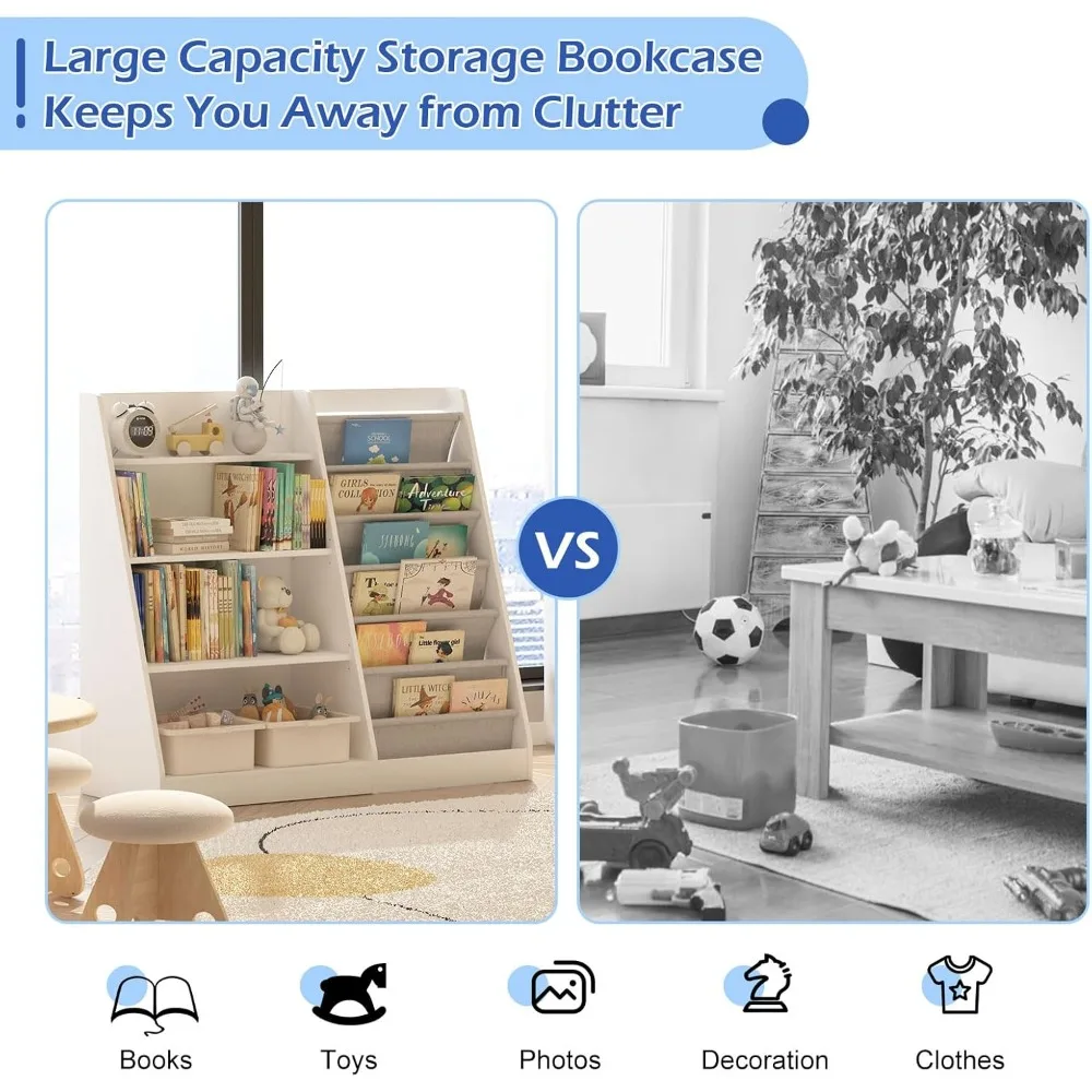 "White Kids Bookshelf, Wooden Toy Storage Organizer Cabinet – Toddler-Friendly Bookcase with Sling Racks & Adjustable Shelves"
