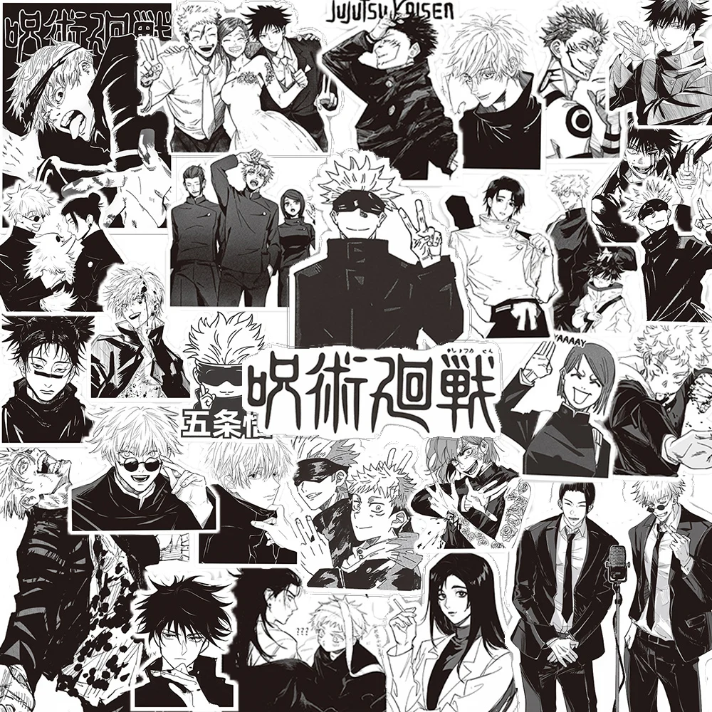 10/30/65pcs 블랙 화이트 Jujutsu Kaisen 애니메이션 스티커 DIY 컴퓨터 전화 케이스 일기 멋진 만화 비닐 장식 스티커 데칼