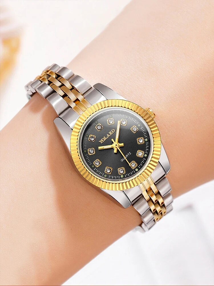 1pcs Women's Fashion Round Room Gold Steel Band Quartz Wristwatch