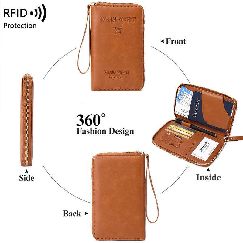 Porta-passaporte com bloqueio RFID, carteira de viagem, bilhete, bolsa para cartão de crédito, carteira multifuncional com zíper e alça de pulso, moda