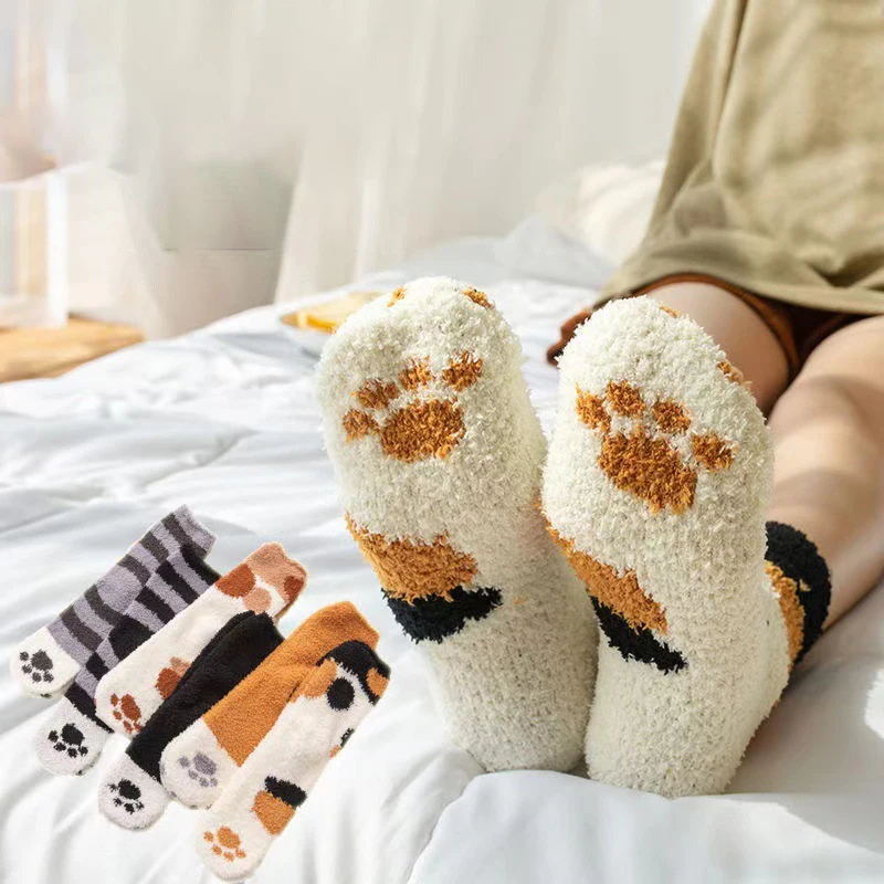 1/6 Pairs Vrouwen Herfst Winter Dikke Warme Kat Poot Patroon Mid Tube Sokken Comfortabele Zweetabsorberende Coral Fleece Casual Sokken