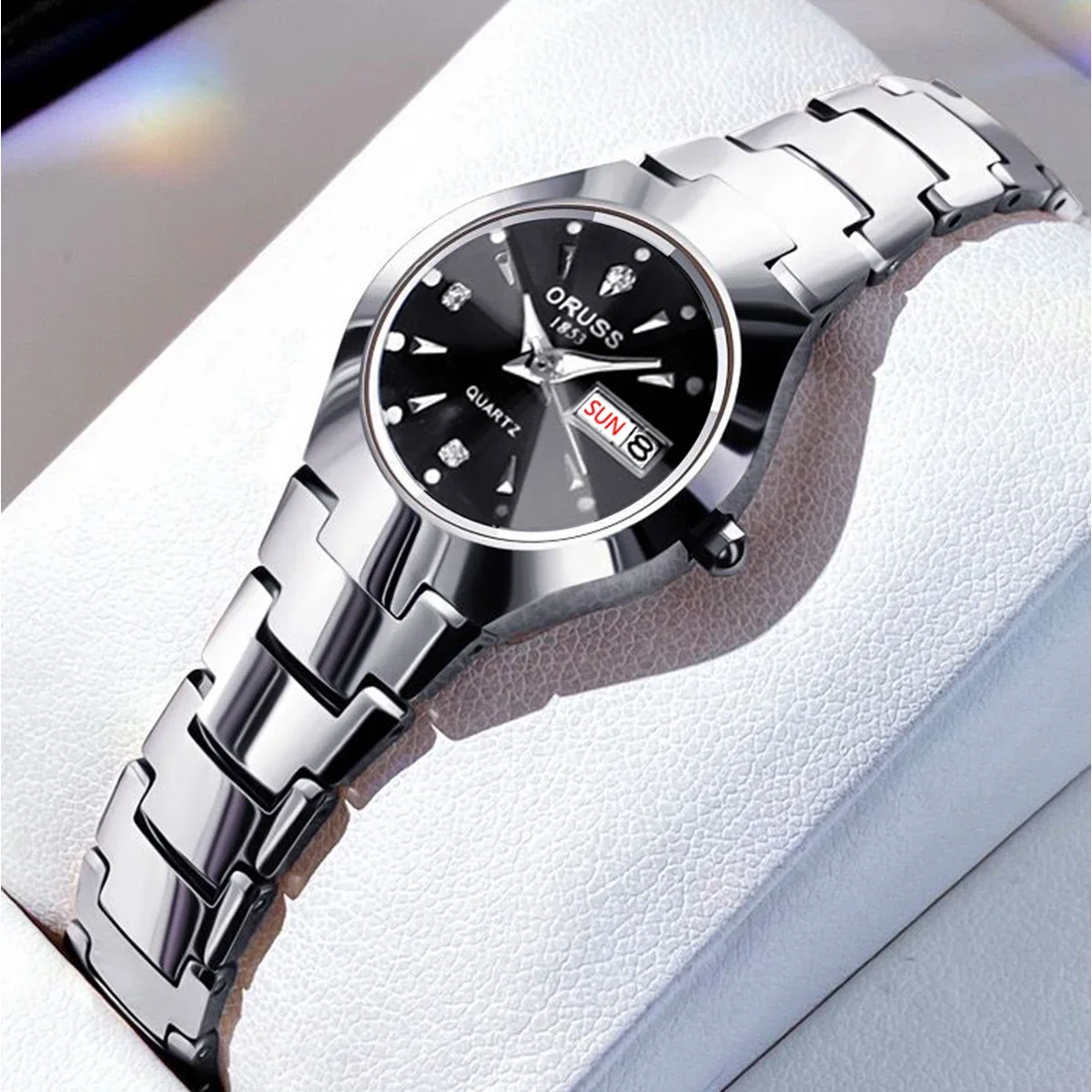 Oruss casal relógio à prova dwaterproof água casual moda feminina relógios de quartzo senhoras inoxidável data semana relógio masculino amante data presente