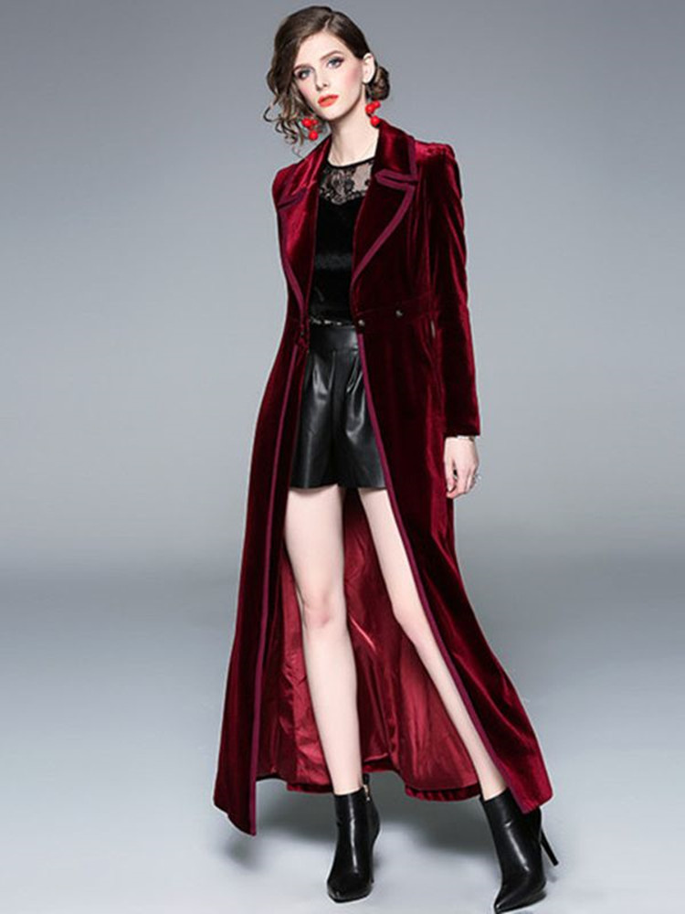 JAMERARY 冬の滑走路ベルベットマキシコート女性ヴィンテージノッチ襟ラップ黒厚く暖かいロングトレンチコート生き抜く