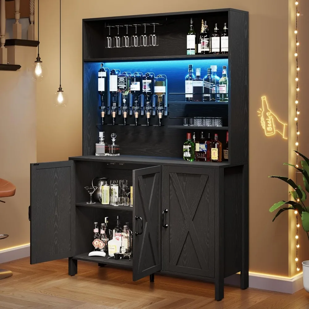 Tall Liquor Cabinet With LED Light,  Wine Bar Cabinet w/ 6-Bottle Dispenser & Wine Rack,  Farmhouse Kitchen Cabinet