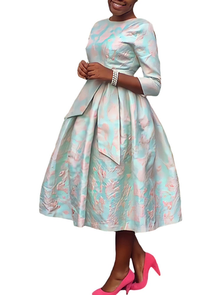 Robes africaines pour femmes automne élégant africain 3/4 manches Polyester fête de mariage col rond robe Midi mode vêtements africains