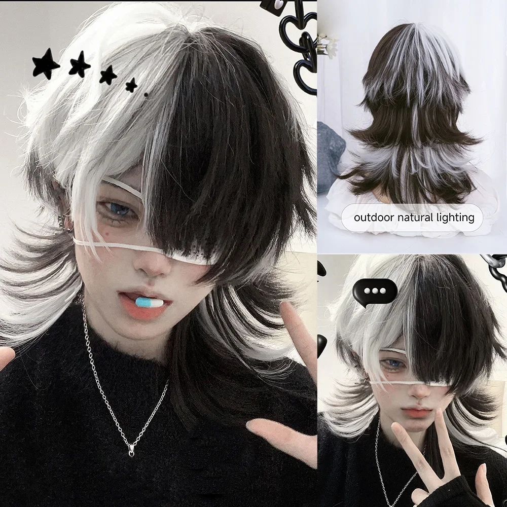 Peruca sintética com estrondo para homens ou mulheres, cabelo ondulado natural médio, resistente ao calor, cor branca, destaque preto, bonito, 16"