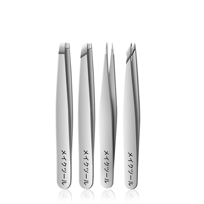 แหนบคิ้วชุด 4 ชิ้นโลโก้ที่กําหนดเองเอียงชี้แบนตัดแหนบขนตา Applicator สแตนเลส