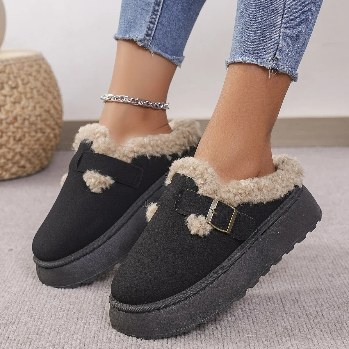 Nuevos zapatos Boken de lujo de invierno para mujer, zapatos de felpa a la moda Retro, zapatillas de suela plana de algodón para mujer, botas con plataforma para mujer