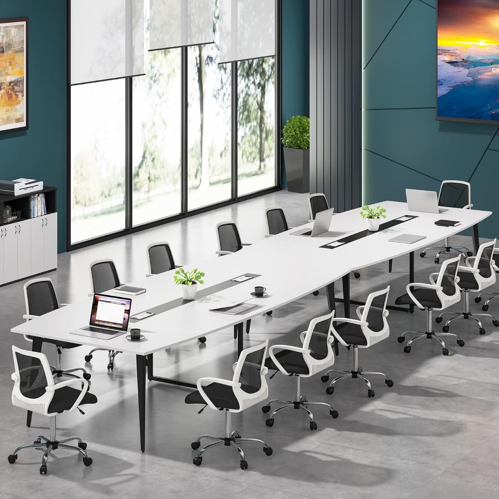 8FT Conference Table, 94.48L x 47.24W x 29.52H Inches Large Boat Shaped Meeting Seminar Table with Cable Grommets