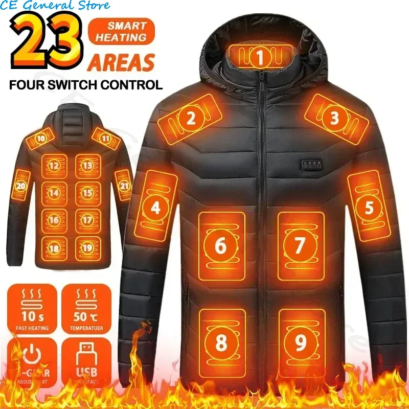 Jaqueta aquecida para homens e mulheres, Parkas elétricas USB, Roupas inteligentes auto-aquecidas, Camping, Casaco de Algodão Acochoado de Esqui, Inverno, 23 Áreas