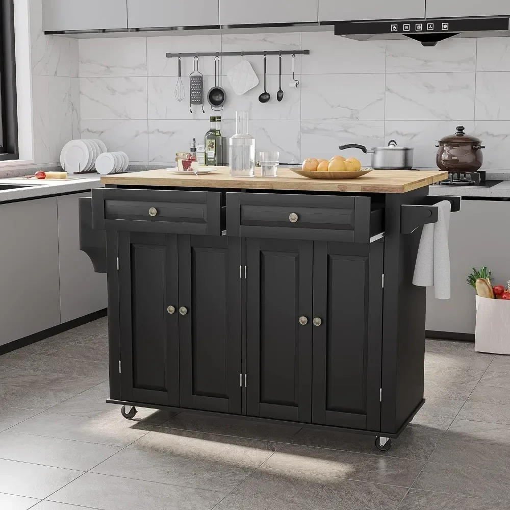 Kitchen Cart with Wood Top and Drop Leaf Breakfast Bar, Rolling Mobile Kitchen Island Table on Wheels with Drawer