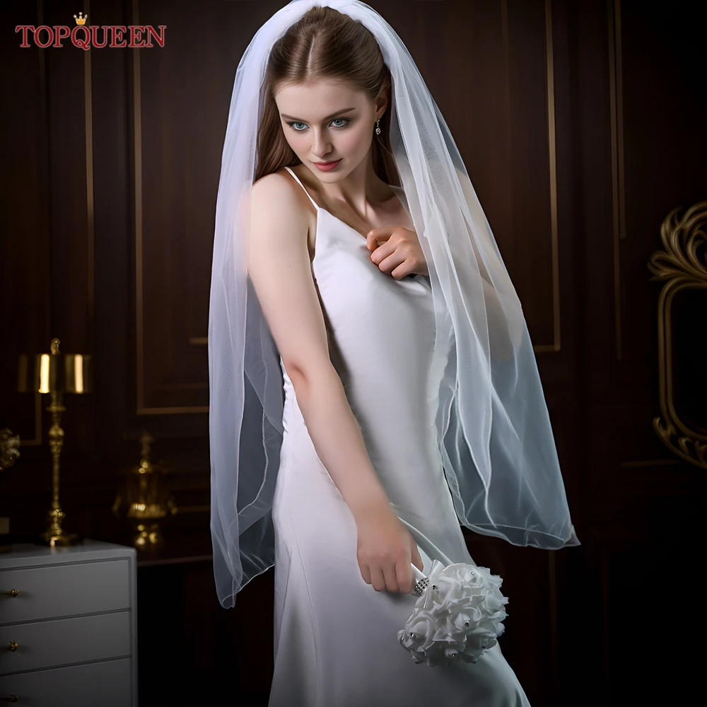 TOPQUEEN V14ผ้าคลุมหน้าสั้น Edge เรียบง่ายผ้าคลุมหน้าเจ้าสาว1 Laye Elegant Rochii ผ้าคลุมหน้ายาวหวีนุ่มเดี่ยว