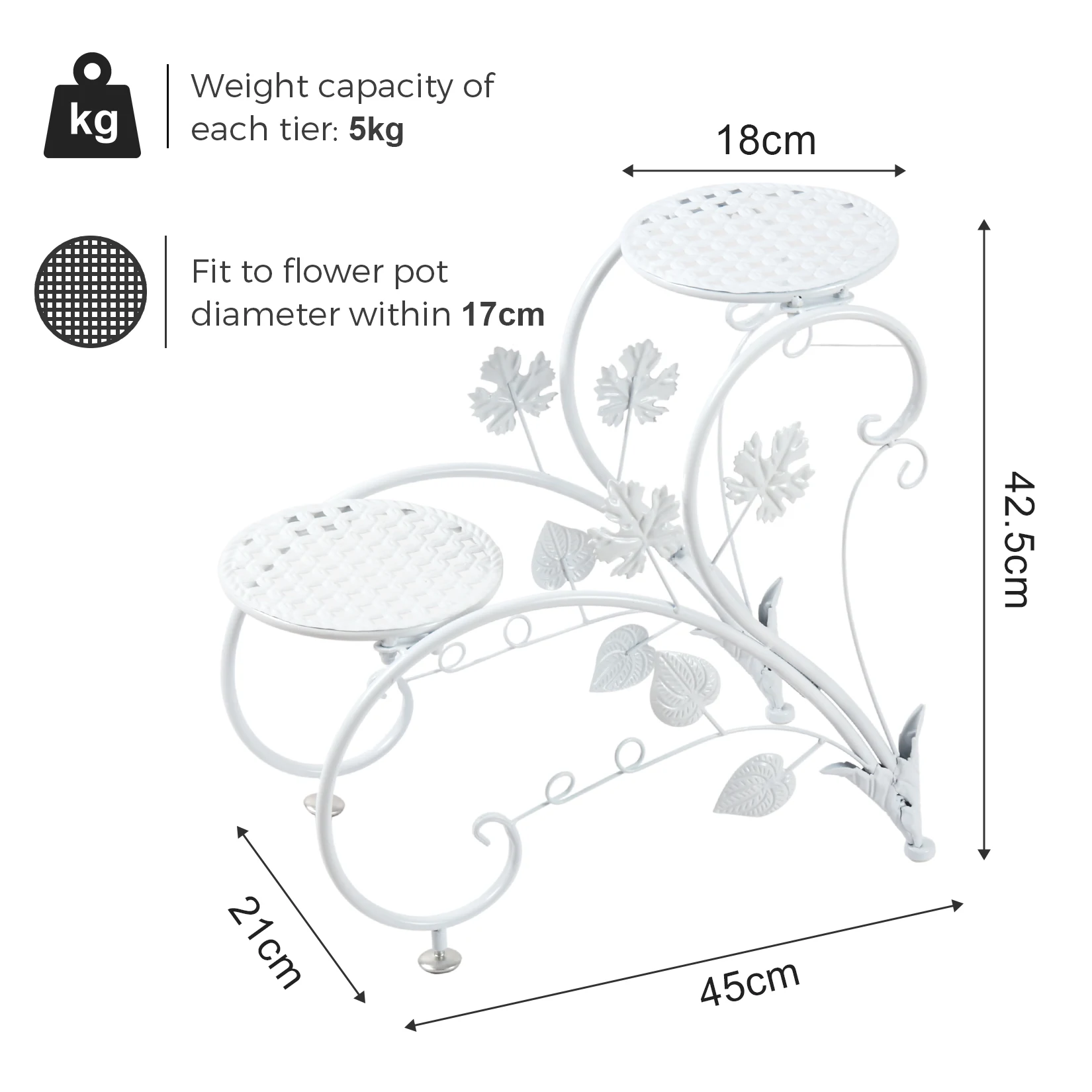 2 supporti per piante in metallo antiruggine, 4 espositori per fiori in vaso, per giardino, balcone, ufficio, bianco e nero