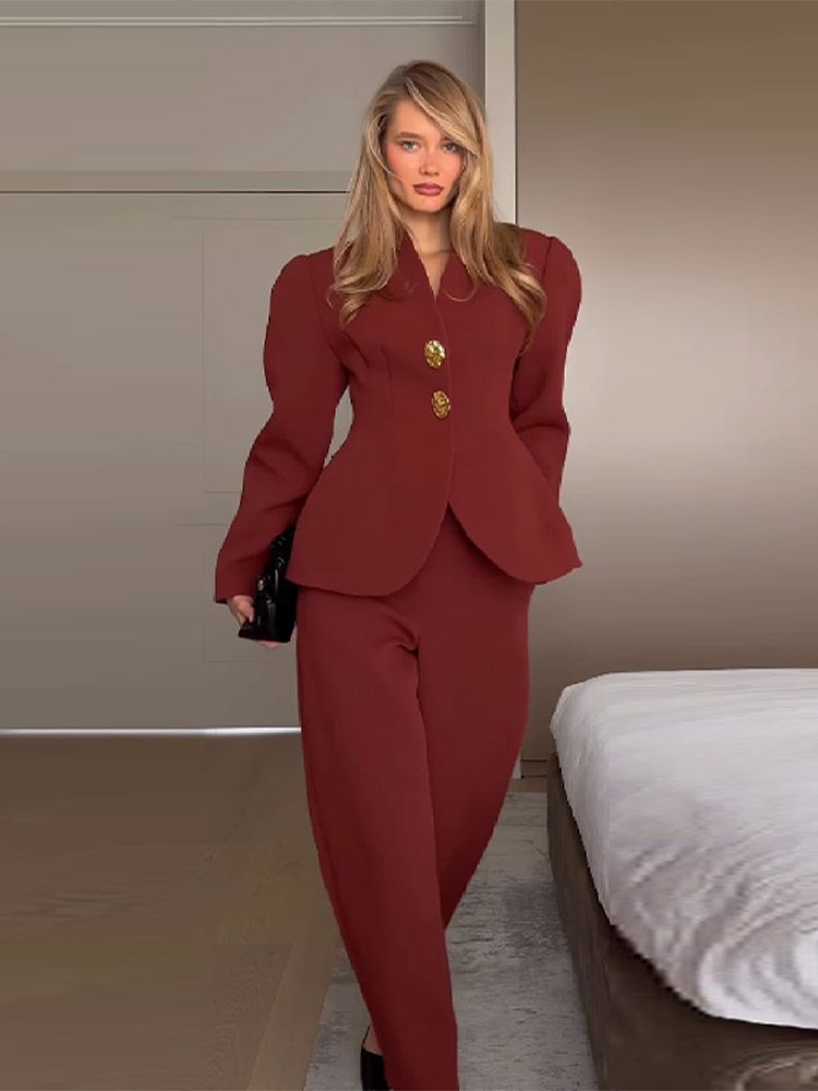Elegante terno jaqueta calças definir feminino fino com decote em v manga puff um botão blazer sólido calça reta 2025 senhora escritório outfit