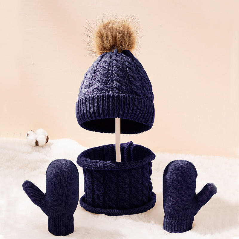 Children's Hat Scarf Gloves Suit Wool Monochrome Fried Dough Twists Warm Three Piece Children's Hat Scarf Gloves Suit