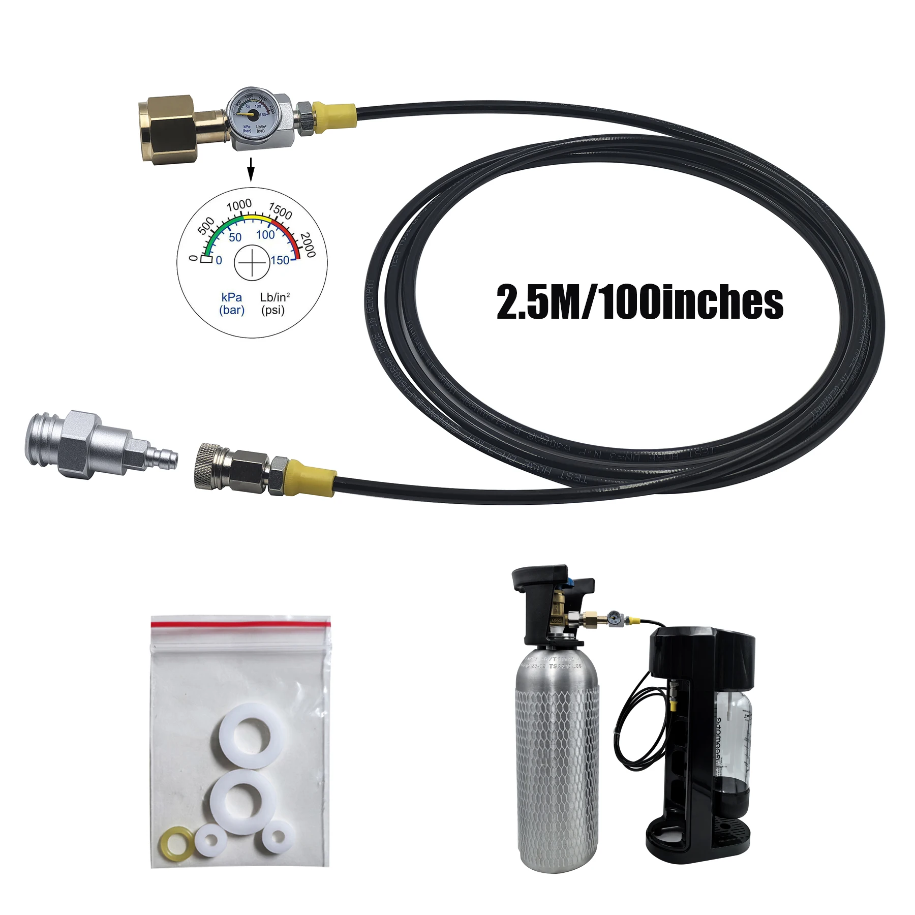 External CO2 Tank Adapter Kit Quick Disconnect Connector W21.8-14 G3/4 CGA320 for Soda Maker Accessories with hose 100inch/2.5M